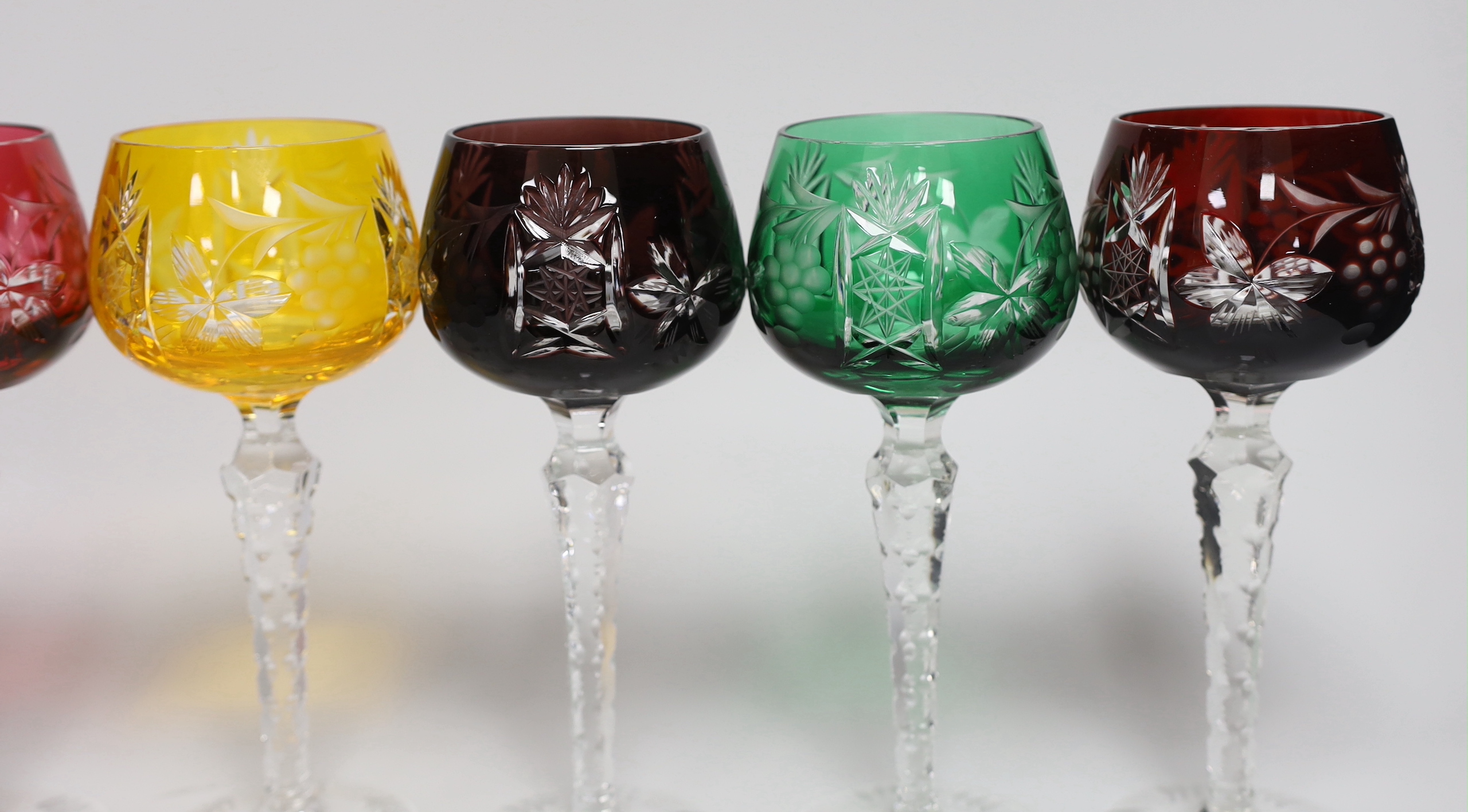 A harlequin set of six colour flashed German hock glasses, 19cm high